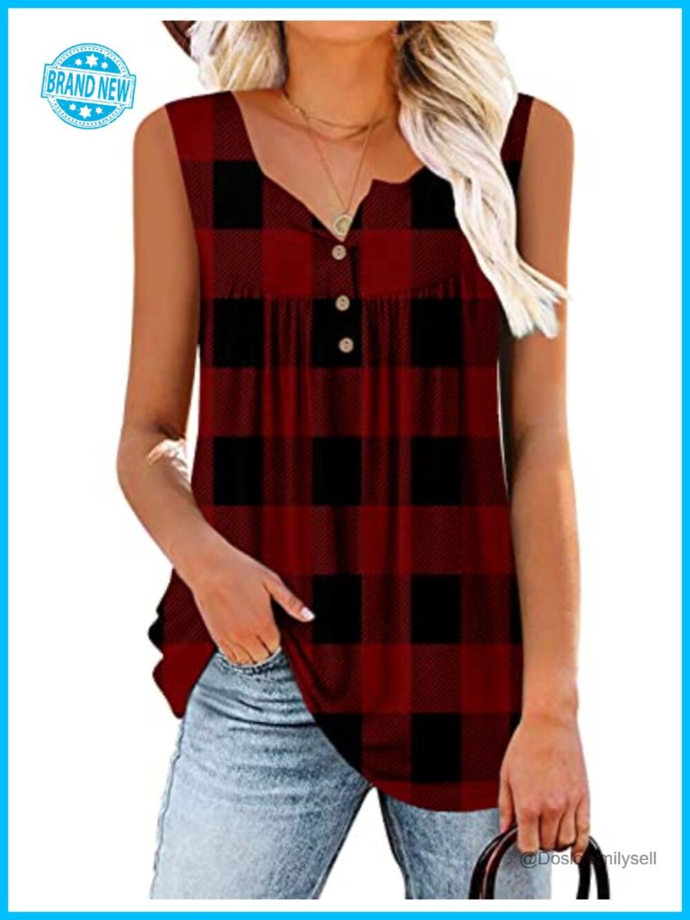 Women's Floral Plaid Henley Tank Top Button Up Ruffle Tunic Blouse
